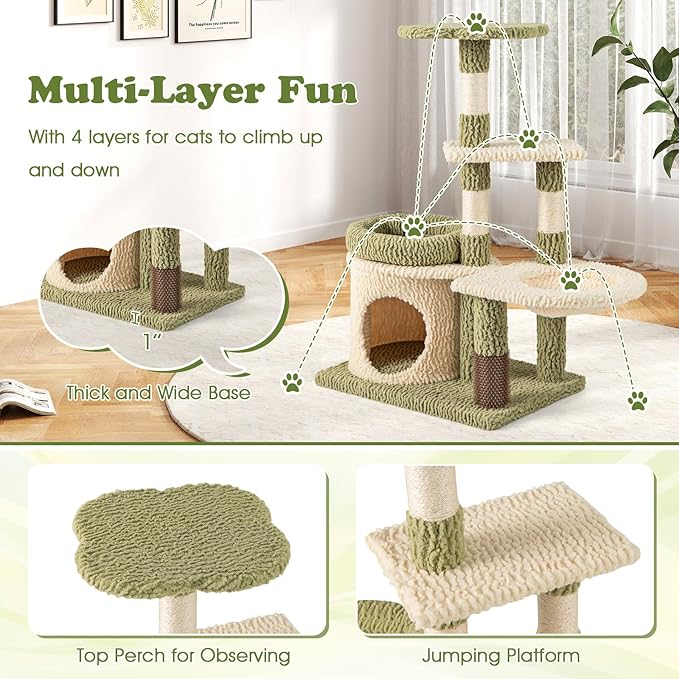 Tangkula Cute Cat Tree, Multi-Level Aesthetic Kitten Tower with Sisal Scratching Posts, Condo, Bed, Padded Plush Cushion, Self Groomer, Hammock, Perch, Green Small Cat Tree Tower for Indoor Cats
