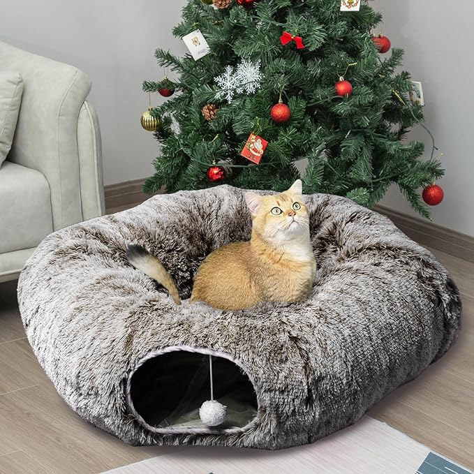 AUOON Cat Tunnel Bed for Indoor Cats - Large Cat Donut Tunnel with Hanging Ball Toy, Collapsible 2-in-1 Multifunctional Interactive Cat Toy for Kitten, Puppy, Rabbit, Ferret (Brown)
