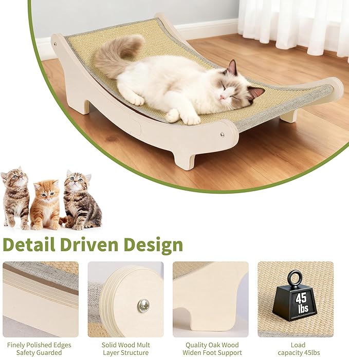 Sisal Cat Scratcher Bed for Cat, 23.6 Inches Thickened Wood Frame & Support Rods, Cat Hammock Chair, Easy to Install