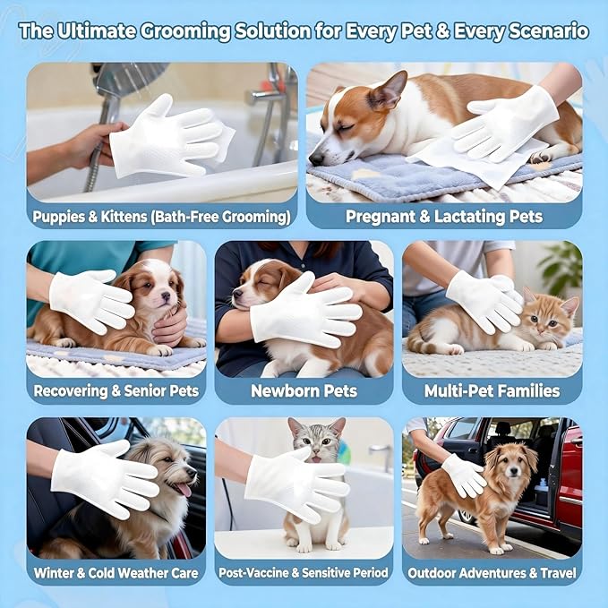 Pet Glove Wipes for Cats & Dogs, No Rinse Deodorizing Cleaning Mittens, Sphynx Cat Supplies, Thickened Hypoallergenic Aloe Vera, Unscented Full Body Grooming, Daily Care & Travel, 6 Count