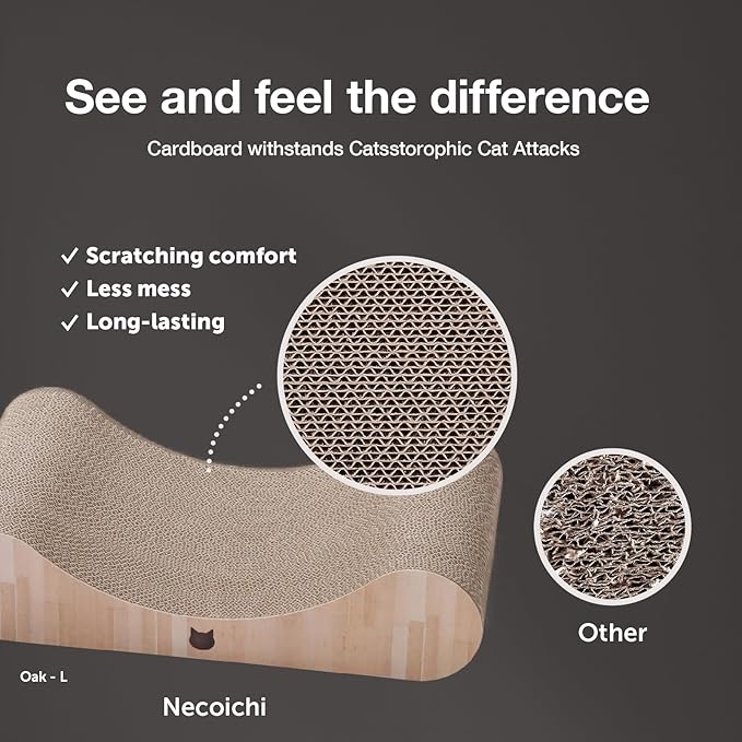 Necoichi Cardboard Cat Scratcher Bed for Indoor Cats - Cat Scratching Board, Horizontal Cat Scratch Pad Lounger with Reversible Usability and Extra Comfort for Lounge, Curved (23" Large, Oak)