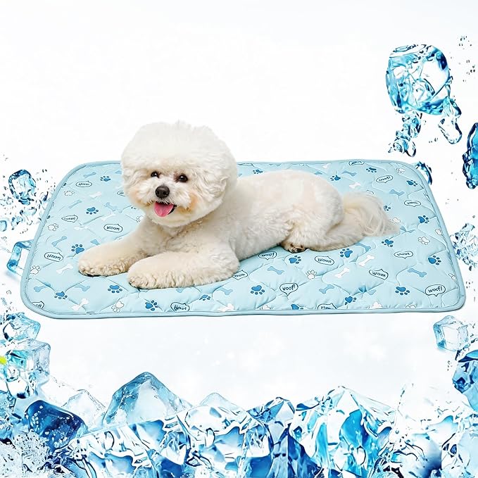DELIFUR Pet Cooling Blanket, 23.6x35.4 in Ice Silk Cooling Mat for Dogs & Cats, Portable & Washable Pet Cooling Blanket, Easy Carry Mats for Crates, Beds, Sofas, Cars, Summer Use (Blue)