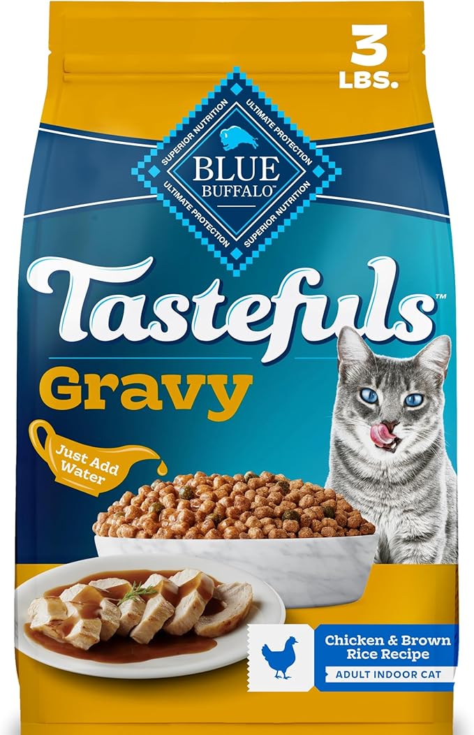 Blue Buffalo Tastefuls Irresistible Gravy Experience Chicken & Brown Rice Recipe Dry Indoor Cat Food for Adult Cats, Deliciously Healthy Natural Cat Food, Supports Digestion & Coat Health, 3 lbs.