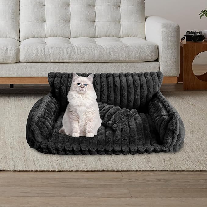 Plush Pet Couch, Soft Cat Bed with Bolster, Comfortable Pet Sofa for Indoor Lounging, Washable Cover, Large Size, Perfect for Medium to Large Breeds (Dark Grey)
