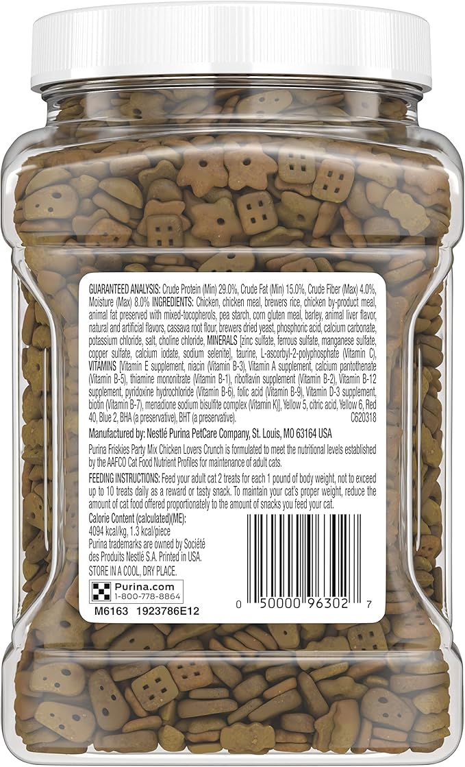 Purina Friskies Party Mix Cat Treats, Chicken Lovers Crunch, Made with Real Chicken, Crunchy Cat Treats for Adult Cats, 20-Ounce Resealable Canister (Pack of 2)