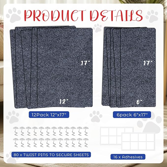 18 PCS Large Cat Scratch Furniture Protector, Couch Protector from Cat Claws, Scratch Mat for Pet Couch Furniture Covering, Cats Scratching Post Replacement Pads 17IN (Dark Gray)