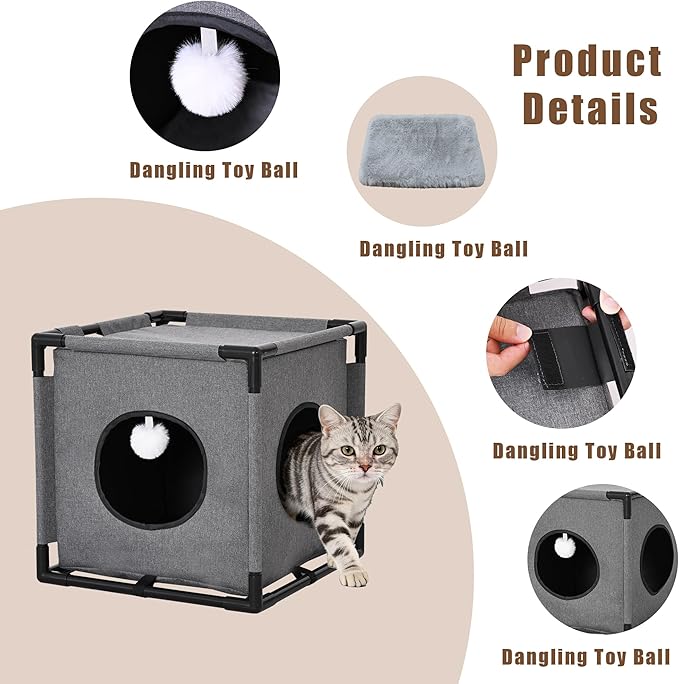 Cat Beds for Indoor Cats - Cat Hideaway，Muti-Functional Cat Cave Bed with Soft Velvet Pad and Fluffy Ball，Elevated Cat House for Multiple Cats，Grey