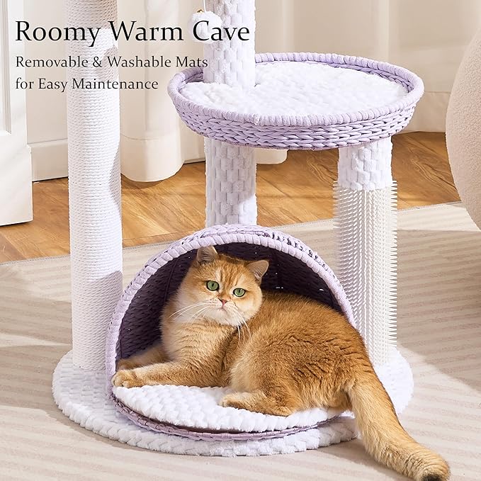 Wood Modern Cat Tree for Large Cat, 46" Tall Cat Tower with Scratching Posts, Cat Condo, Aesthetic Multi-Level Cat Climbing Tree with Hand-Woven Bed for Adult Indoor Cats-Purple