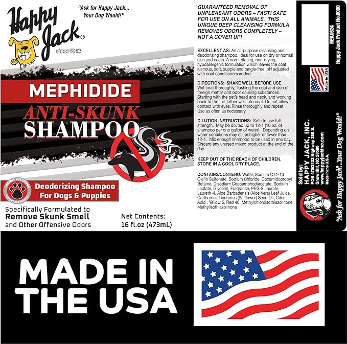 HAPPY JACK Mephidide Anti-Skunk Shampoo for Dogs & Cats Powerful Pet Odor Eliminator for Skunk Smell Removal Deodorizing Grooming Shampoo Safe for Coat & Sensitive Skin for Home Use (16 oz)