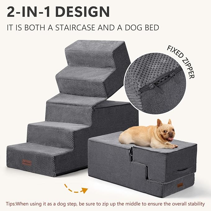 Aodisman Pet Stairs for High Bed, 5-Step Dog Stairs for Small Dogs, Indoor Non-Slip Dog Steps for Old Cats, Puppy, Small Medium Dogs,22.6" H,Gery