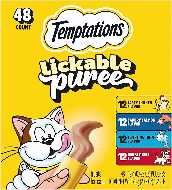 Temptations Creamy Puree Squeezable Lickable Cat Treats, Wet Cat Treats with Beef, Salmon, Chicken, and Tuna Variety Pack, 0.42 oz. Tubes, 48 Count