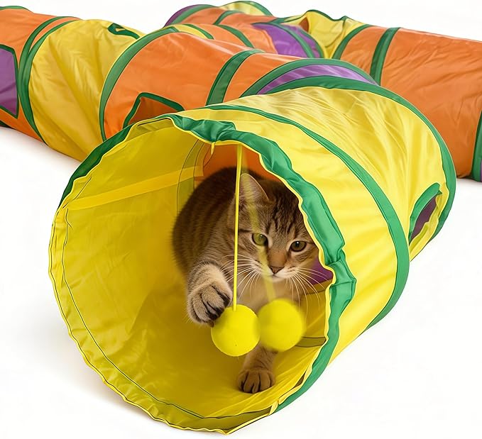 Cat Tunnels for Indoor Cats, Cat Tunnel with Plush Ball, Kitten Tunnel Collapsible, Cat Play Tunnel with Interactive Peephole for Large Cat, Puppy, Kitten (Colorful-4 Way)