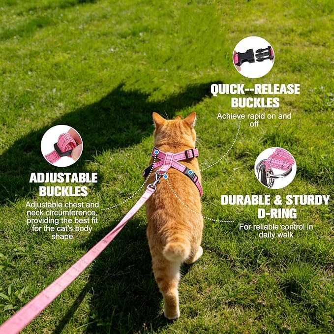 EXPAWLORER Escape Proof Cat Harness and Leash Set - Soft Breathable Vest Harness with Adjustable for Kitten Puppy Outdoor Walking Travel, Reflective Harnesses for Small Medium Large Cats, Strawberry S