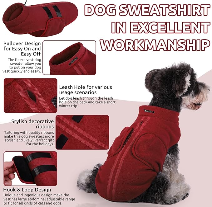 Queenmore XXS Dog Sweater, Soft Fleece Vest Pullover Dog Jacket with Leash Hole, Warm Winter Dogs Clothes Cold Weather Doggy Dachshund Sweaters for Small Dogs Cats Boy or Girl (Burgundy, XXS)