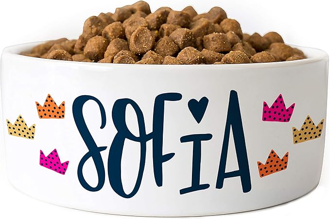 Personalized Dog Bowl w/Name, Ceramic Bowl for Dogs and Cats, 2 Sized for Small and Large Dogs - Pet Dish for Dry or Wet Food and Water, Pet Owner Gifts, Custom Pet Food Bowl | Crowns, 7 inches