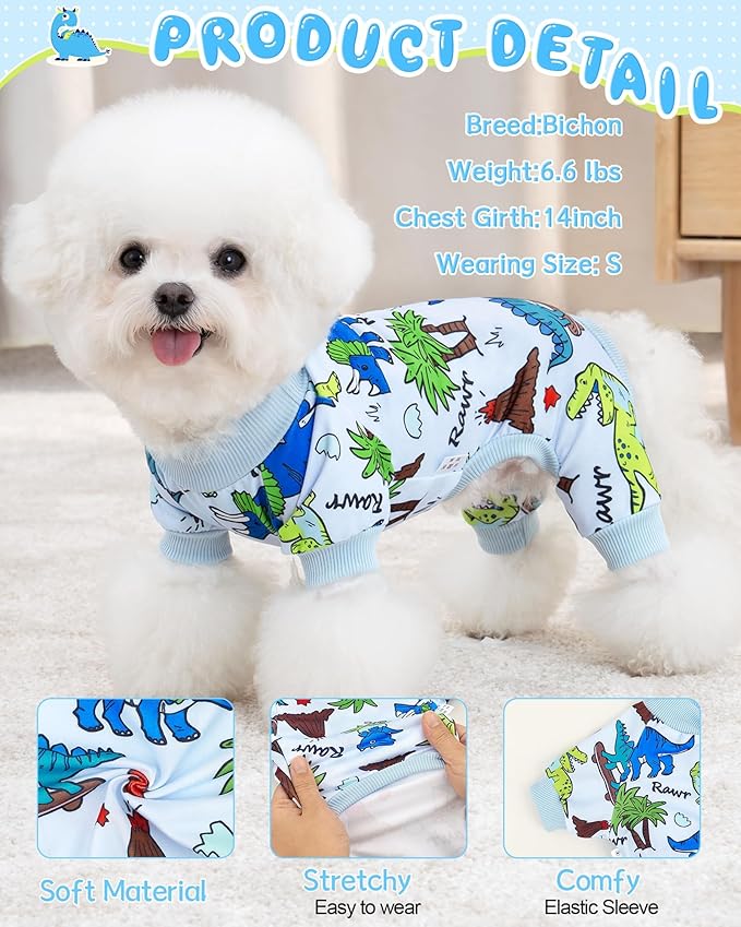 XPUDAC Dog Pajamas Dinosaur Dog Clothes for Small Medium Dogs Boy Girl Stretchy Cozy Pet Onesie with Feet Doggie Jammies Cat Apparel, XS