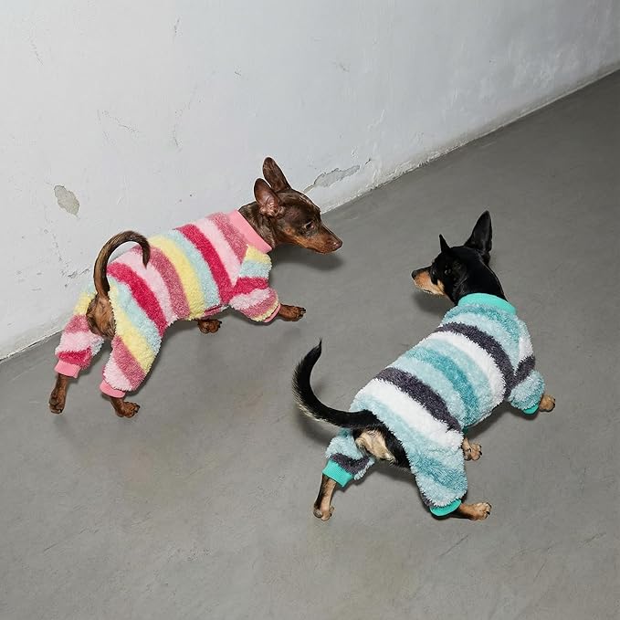 Fitwarm Fuzzy Striped Dog Fleece Pajamas, Warm Winter Clothes for Small Dogs Boy Girl, Cozy Pet Onesie with Feet, Light Sea Green, Black, White, Small