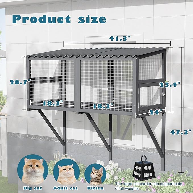 Cat Catio, Cat Window Box for Multiple Indoor Cats, Catio Pet Perch with Metal Mesh Locking Side Door, Wooden Enclosure Window All Weather Use 360° Enjoying Outdoors (Gray, Large)