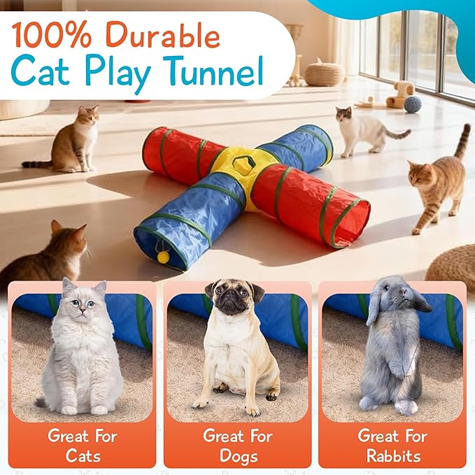 Cat Toys - 4-Way Tunnel for Indoor Cats with Peek Hole & 2 Mice - Large Foldable Rainbow Tube with Hanging Ball for Kittens, Rabbits, Small Dogs - Ideal Cat Toy
