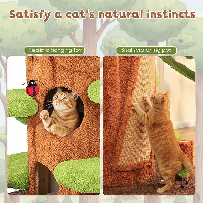 NUNU LAB 90.5 Inch Tall Large Cat Tree, Magic Forest Solid Wood Cat Tree Tower with Sisal Scratching Posts, Multi-Level Cat Condo with Side Hideaway Cave, Heavy Duty Cat Tree for Large Cats, Green
