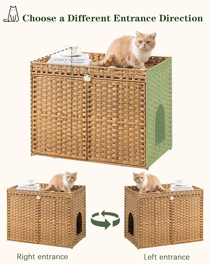 SETVSON Cat Litter Box Enclosure Furniture, Handwoven Rattan Hidden Litter Box with Mat, Large Space Cat House with 2 S-Shaped Hooks 30.3 x 18.3 x 24.4 Inches, Indoor for Living Room Apartment Natural