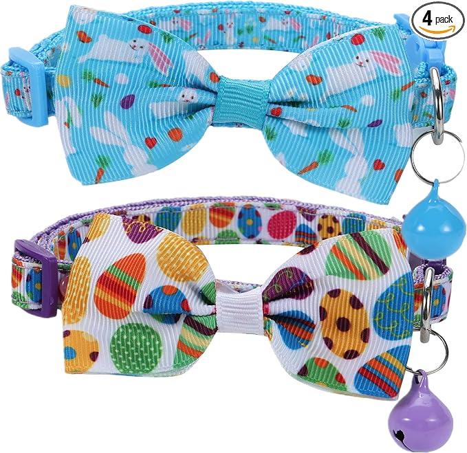 BoomBone Easter Cat Bow Tie Collar Adjustable Breakaway Collar with Bells, Spring Bowtie Kitten Collar