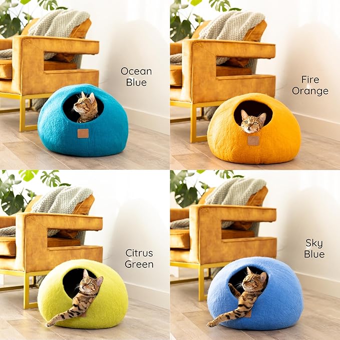Best Aesthetic Cat Bed - Premium Felted Wool Cat Cave Bed - Cozy Peekaboo Round Cave for Large or Small Cats (Large, Lilac Purple)