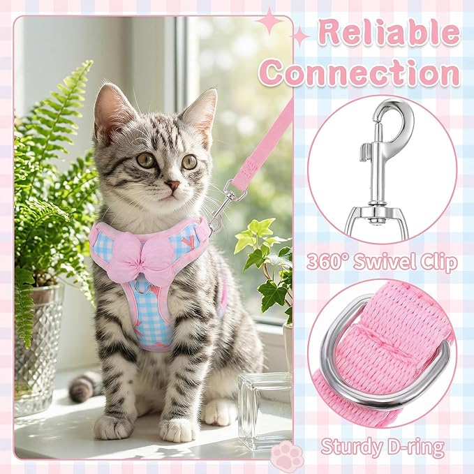 Cat Harness and Leash Set for Walking Escape Proof Adjustable Kitten Harness Soft Comfortable Vest with Bow for Kitty Bunny Walking Traveling Easy to Wear Small Pink