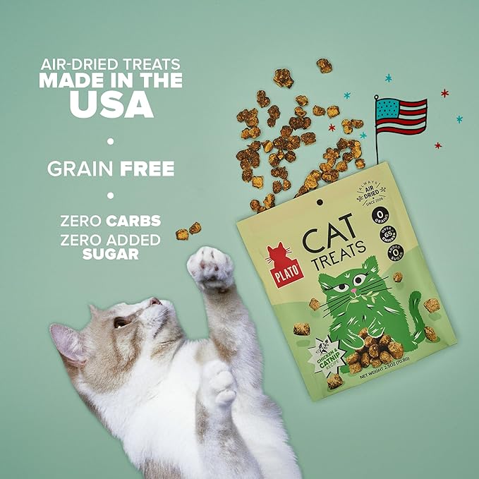 PLATO Pet Treats Cat Treats - Single Ingredient, Healthy Chicken Catnip Treats for Indoor Cats - Air Dried - 2.5 oz (Pack of 2)