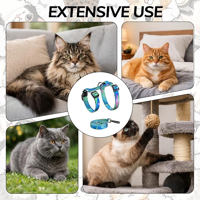 Cat Harness and Leash Set, 3-in-1 Adjustable & Lightweight, Escape Proof Cat Harness, Walking Travel Kitten Harness for Small Medium Large Cats (Hawaii Green)