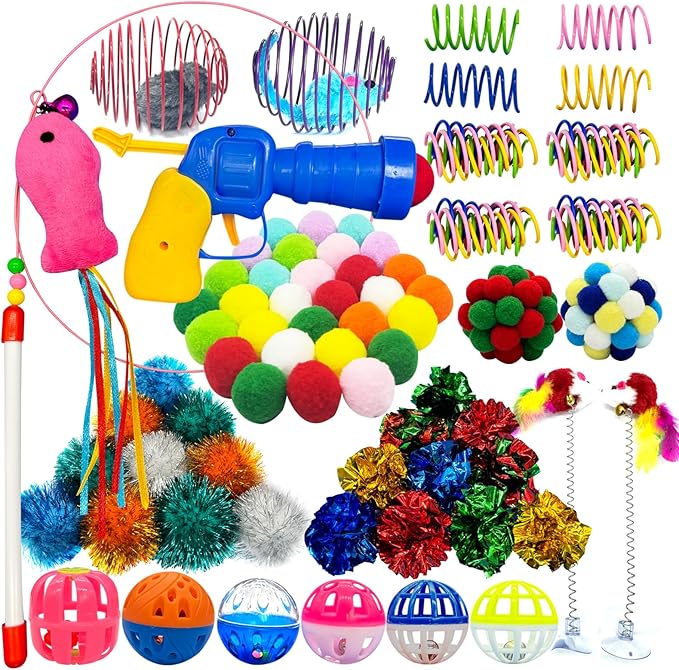 HerMia Colorful Cat Toys Bulk for Indoor Cats, 84 Pcs Interactive Kitten Toys Set, Cat Toy Cat Toy Bundle for Multiple Cats with Plush Balls Launcher & Teaser Wand, Includes Crinkle Balls, Springs