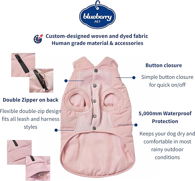 Blueberry Pet Cozy & Comfy Windproof Waterproof Quilted Fall Winter Dog Puffer Jacket in Pink, Back Length 12", Size 10", Warm Coat for Small Dogs