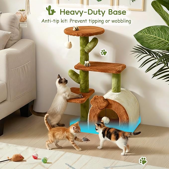 Cactus Cat Tree for Indoor Cats, 27.5'' Small Cat Tower with Cozy Condo, Wide Top Perch Multi-Level Climbing and Lounging Space, Brown