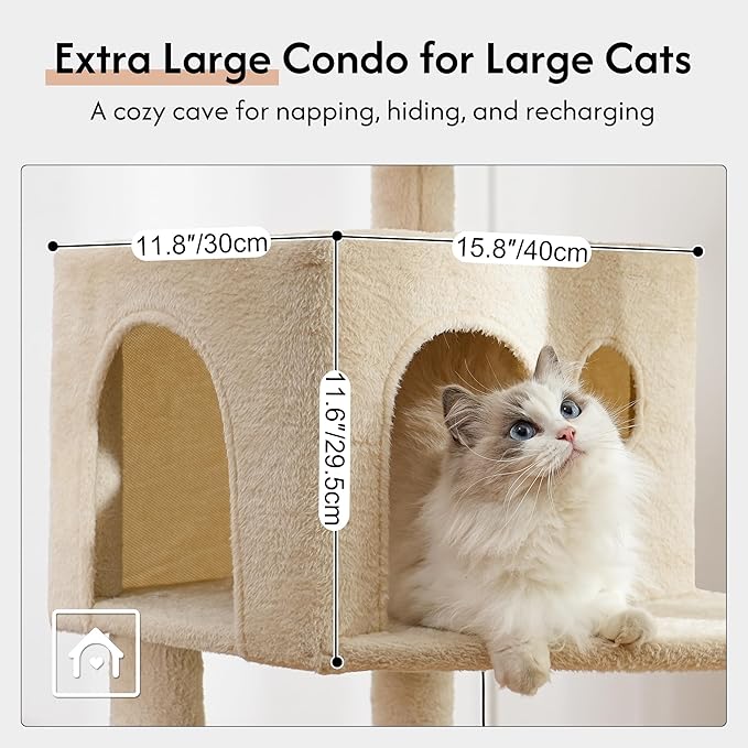 XXL Large Cat Tree Tower 70in Tall Heavy Duty Cat Tree for Maine Coon and Big Cats 20 lbs+,Enlarge Top Bed and Hammock, 2 Oversized Condo House with Scratching Posts-Beige