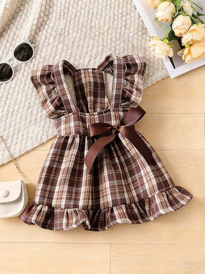 Angrypet Small Dogs Cats Dresses for Pet Spring Ruffle Sleeve Bow Plaid Dress Cute Puppy Outfits Brown Medium