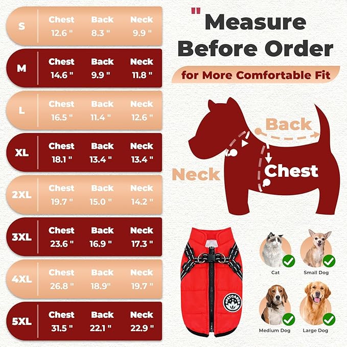 PETCARE Winter Dog Coat with Harness Built in Waterproof Dog Jackets Warm Pet Fleece Vest Windproof Snow Jacket Snowsuit Reflective Dogs Cold Weather Coats for Puppy Small Medium Large Dogs Cats