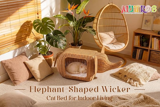 MUTTROS Elephant Rattan Cat Condo Bed for Indoor Cats, Handwoven Wicker Cat House with Thick Plush Cushion for Large Cat and Kitten, Sturdy Pet Hideaway for Small Dog Rabbits-35x12x13 Inches