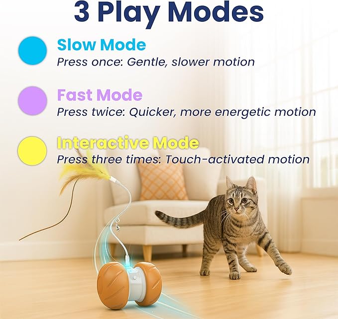 PAWSPIK Feather Tail Rechargeable Spinner Chasers Cat Toy, Orange (Interactive Self-Rolling Moving Cat Toy with 3 Speed Modes, Feather & Bell Attachments)