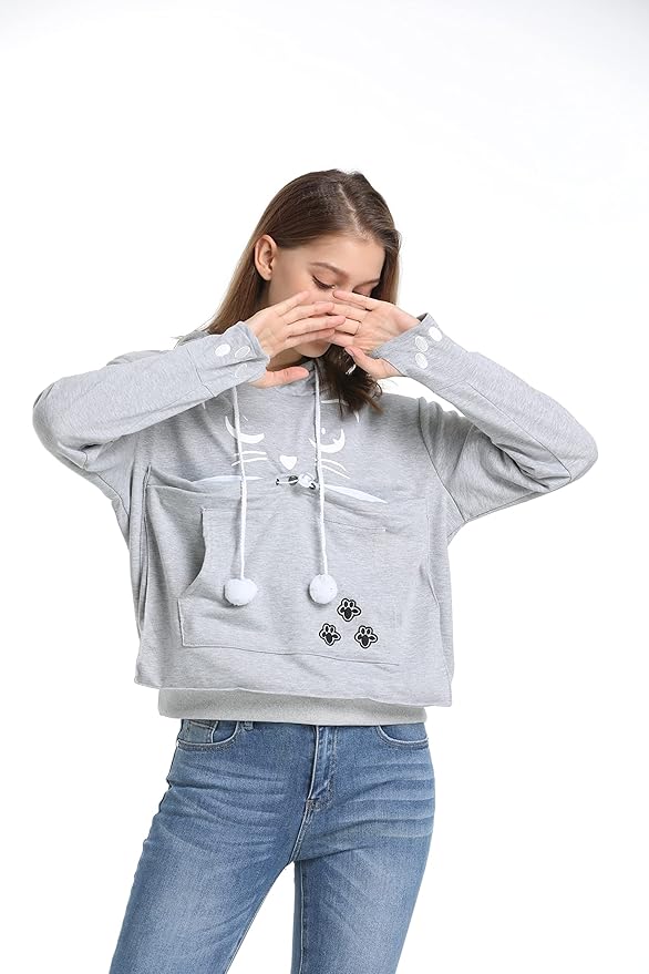 ALYC Unisex Hoodies Pet Holder Cat Dog Kangaroo Pouch Carries Pullover with Cat Printing Sweatshirt (Light Grey, L)
