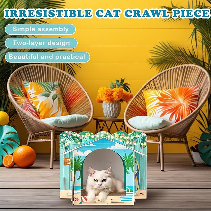 Lineshading 2 Story Cardboard Cat House with Scratcher Pad, Multi Level Durable Cat Scratcher House for Small Kitten Bunny Rabbit Animals Christmas Birthday Gift(17x12x10,Hawaii)