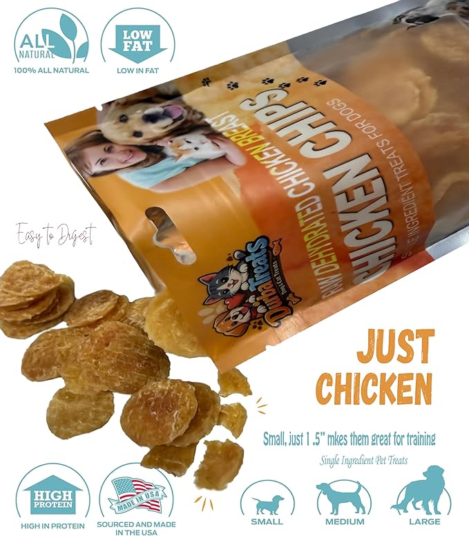 Chicken Chips for Dogs - Raw Dehydrated, Single Ingredient, Healthy Snacks, 1.5" Size, High-Protein, Low-Fat Ideal for Mess-Free Training Easily Broken Into Small Pieces (5 Ounce, Chicken Breast)