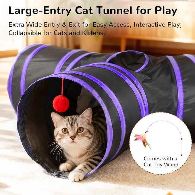 Tempcore Cat Tunnel for Indoor Cats, 3-Way Collapsible Play Tunnel with Teaser Wand, Peek Holes & Toy Ball, Small Pet Toy for Kittens & Rabbits, Black & Purple
