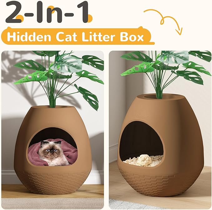 Eggloa6 Hidden Cat Litter Box with Artificial Plants - Egg-Shaped Enclosure Includes Scoop, Discreet Furniture for Home Decor, DIY Assembly Cat Litter Box Cabinet for Living Room (Coffee)