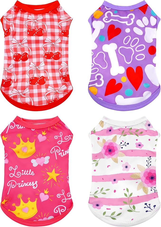 PET SHOW 4 Pack Dog Shirts for Small Doggies Female Tank Top Tee Red Pink T-Shirts Pets Sleeveless Vest Cats Kittens Girl Puppy Clothes (Small)