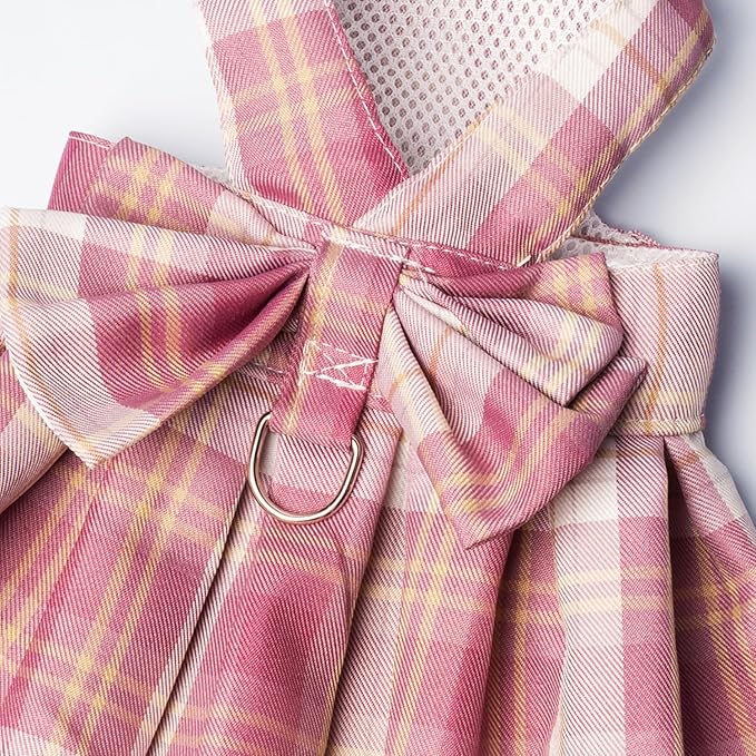 Dog Plaid Dress Puppy Bow Skirt Harness Leash Adjustable Doggie Summer Dresses for Small Dogs Cats Rabbit Bunny Chihuahua Yorkies Cute Pet Outfits (Small(Suggest 3.3-5.5 lbs), Pink)