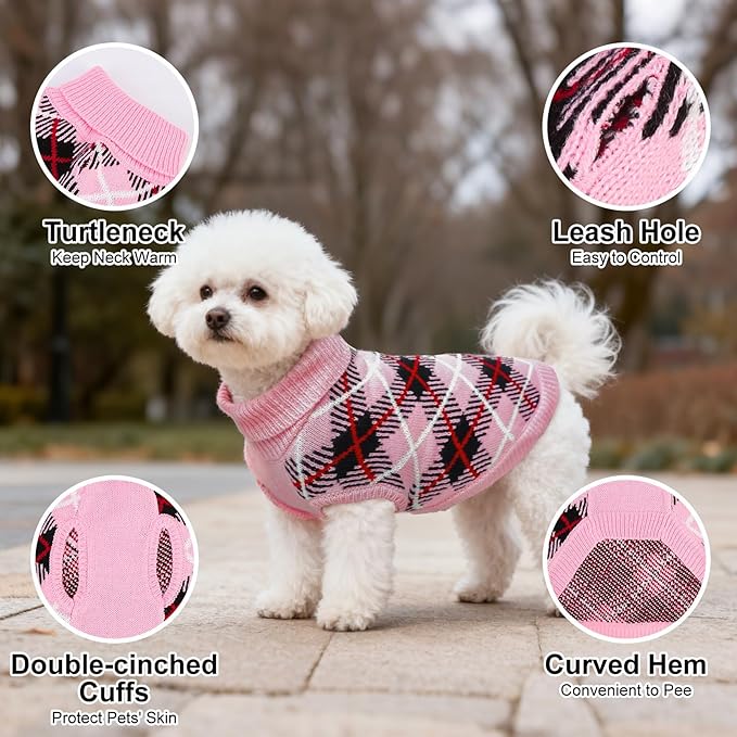BEAUTYZOO Dog Sweater for Small Medium Dogs, Fleece Dog Knitted Pullover Sweater for Girls Boys, Fall Winter Warm Soft Turtleneck Puppy Clothes Apparel, Cold Weather Knitwear with Leash Hole, Pink SM