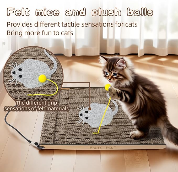 Cat Scratching Board. Cat Scratcher for Indoor Cats with Catnip. Cardboard Cat Scratcher with Mouse Logo and Hanging Ball Toy. Cat Scratch pad with Double-Sided Usability (Pack of 2)