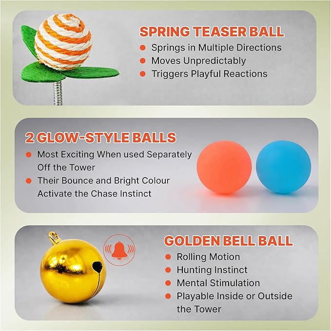 Cat Toy Ball Track with 2 Teasers, 3-Level Cat Ball Tower, 4-in-1 Kitty Toys, 9 Wooden Balls, Worm Wand, Spring Teaser Ball, 2 Glow Balls, Kitten Toy Interactive, Mental Physical Exercise, Medium Size