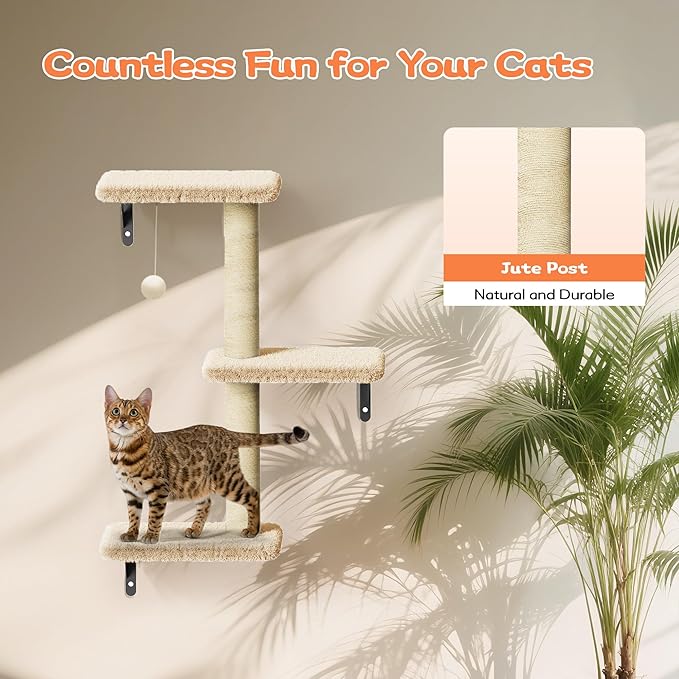6-in-1 Wall Mounted Cat Climber Set for Heavy Cats,Wall Shelves,Stable & Safe Cat Furniture Set for Large Cats, Wooden Climbing Wall with Scratching Post (White)