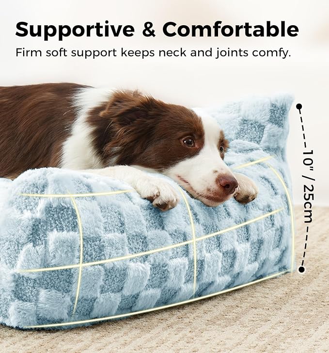 Made4Pets Cat and Dog Indoor Couch Bed, Soft Faux Fur Checkered Pet Sofa, Cozy Fluffy Pet Sofa with Supportive Foam, Removable Washable Cover with Non-Slip Base, Sky Blue, Medium